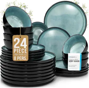 24 Piece Stoneware Dinnerware Set for 8 - Handmade Reactive Glaze Plates and Bowls Set - Chip & Scratch Resistant Dish Set - Dishwasher Microwave Safe - Black and Petrol Blue
