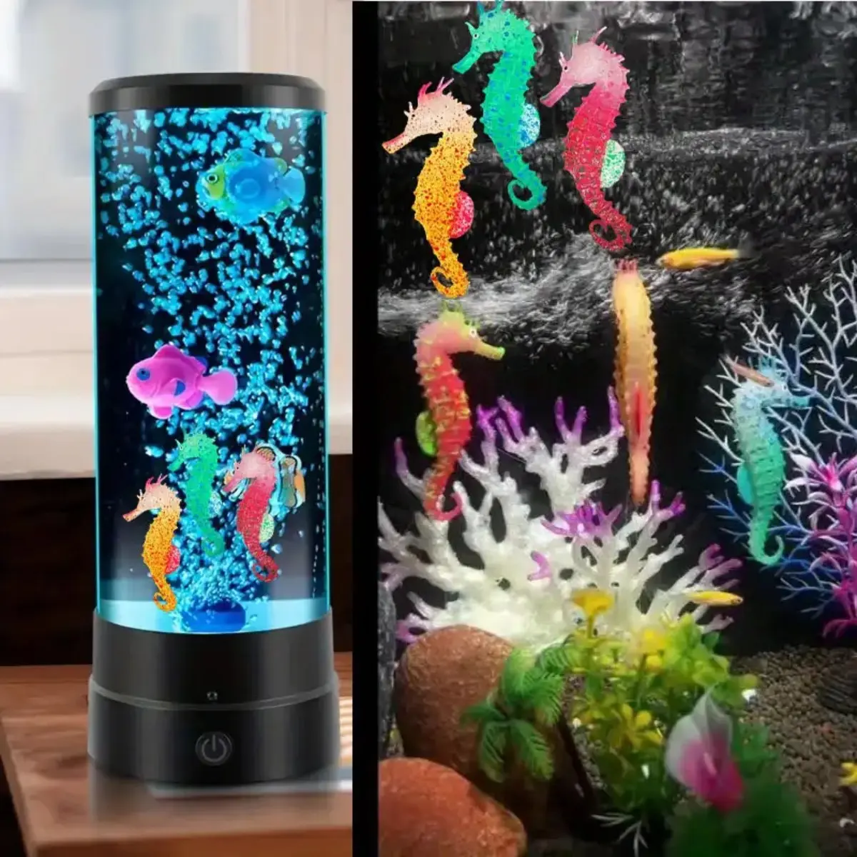 Glowing Silicone Seahorse Aquarium Decor, Real Fish Tank Ornament with Glowing Eyes, Blue Texture, Aquarium Ambiance, Freshwater or Saltwater