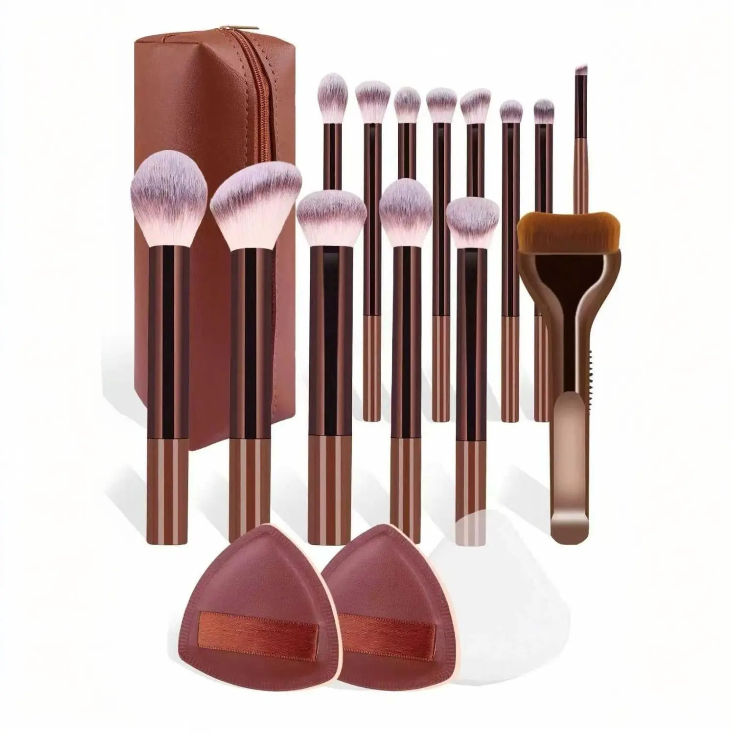 New Makeup Brush Set with 2 Leather Cases and 2 Beauty Sponges, 14 Animal Hair Brushes, Essential Daily Makeup Tool, Makeup Brush Kit, Make Up Tools, Cosmetic Brushes