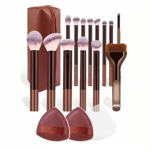 New Makeup Brush Set with 2 Leather Cases and 2 Beauty Sponges, 14 Animal Hair Brushes, Essential Daily Makeup Tool, Makeup Brush Kit, Cosmetic Brushes
