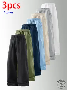 3-pack men’s pure cotton long pants: loose straight casual pants, sweatpants/joggers, featuring a drawstring waistband design. Available in multiple colors. Suitable for home lounging, daily commuting, outdoor walks, short trips, camping—versatile casual