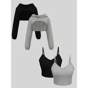 Women’s solid-color ribbed hooded crop top and vest set, featuring a casual long-sleeved hooded top and a sleeveless top, suitable for everyday wear in all seasons. GARMENTARY