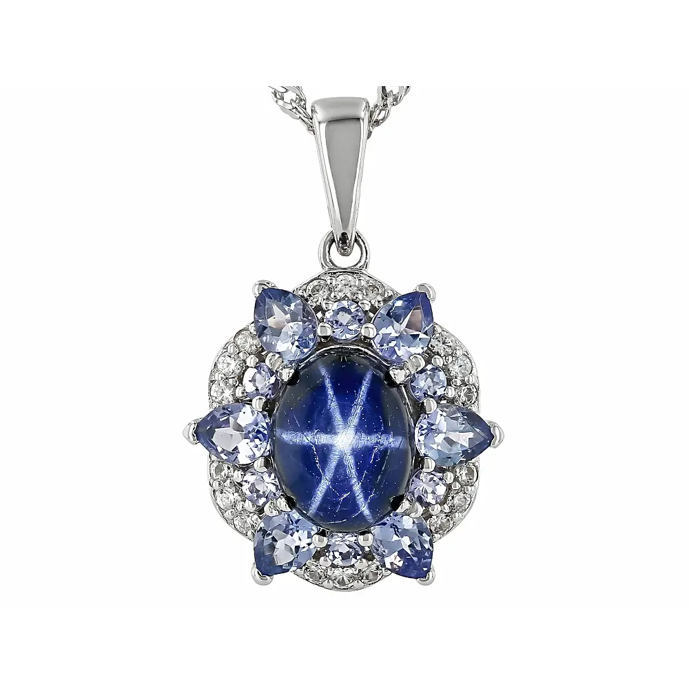 Oval Cabochon Blue Star Artificial Sapphire Pendant Necklace with Pendant Design, 1.35ctw Clustered Tanzanite & Zircon Accents, Rhodium-Plated Silver, 18in Chain, Star Artificial Gemstone Necklaces & Pendants