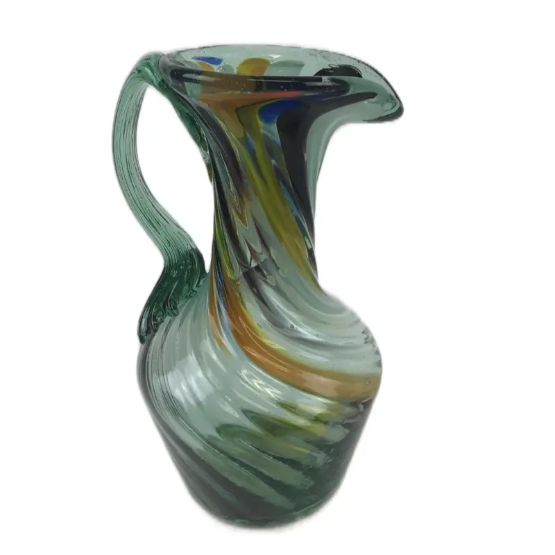 Hand Blown Two Tone Twisted Art Glass Pitcher Green Brown Blue Applied Handle Unique Decorative Vase
