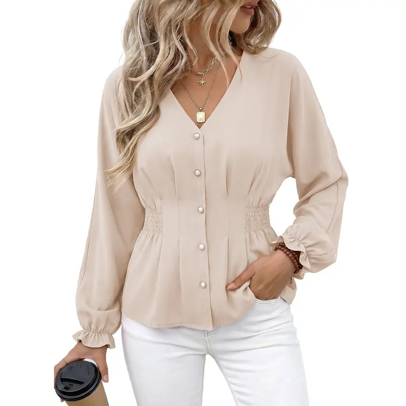 EVALESS Women's Fitted V-Neck Button Front H-Type Blouse, Long-Sleeve Solid Color Round Hem Top for Work, 2026 Womenswear Summer Outfits