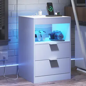 SIKAIC Modern White LED Nightstand with Drawers - Indoor Bedside Furniture, Wireless Charging Station, Key & APP Control, 60000+ Light Colors, Pull-Out Tray