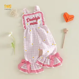 Little Girls Overalls Adorable Letter Embroidery Sleeveless Square Neck Plaid Bell Bottoms Jumpsuit