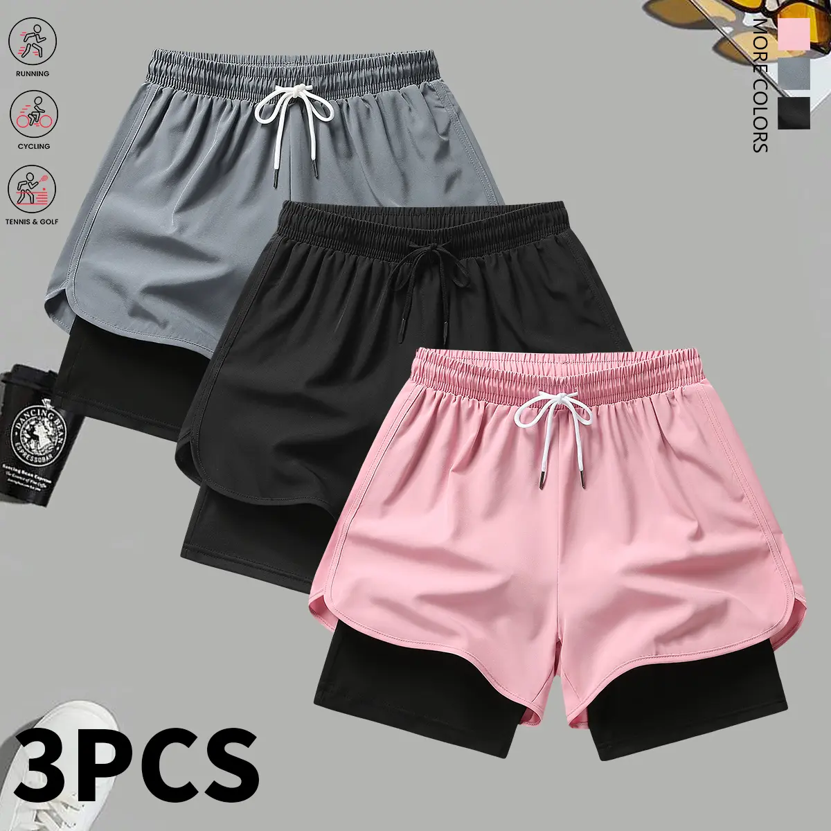 Women’s 3-piece casual athletic shorts set with built-in lining, drawstring, and elastic waistband; suitable for outdoor sports, fitness, running, and casual wear