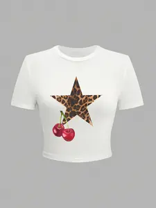 Women's Cherry & Star Print Round Neck Crop Tee, Fashion Casual Crew Neck T-shirt for Daily Holiday Vacation Outdoor Wear, Ladies Clothes for Summer