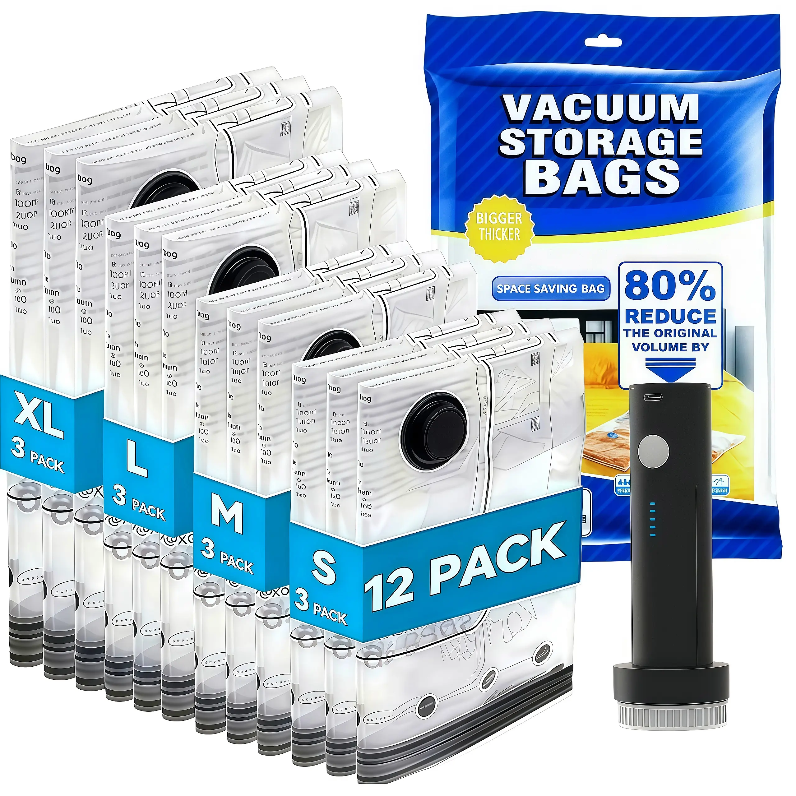 12-Pack Large Collapsible Space Saver Compression Seal Storage Bags with Rechargeable Portable Pump, Travel Organization Pouch, Luggage Packing Cube, Home Supplies for Vacation & Organization Ideas