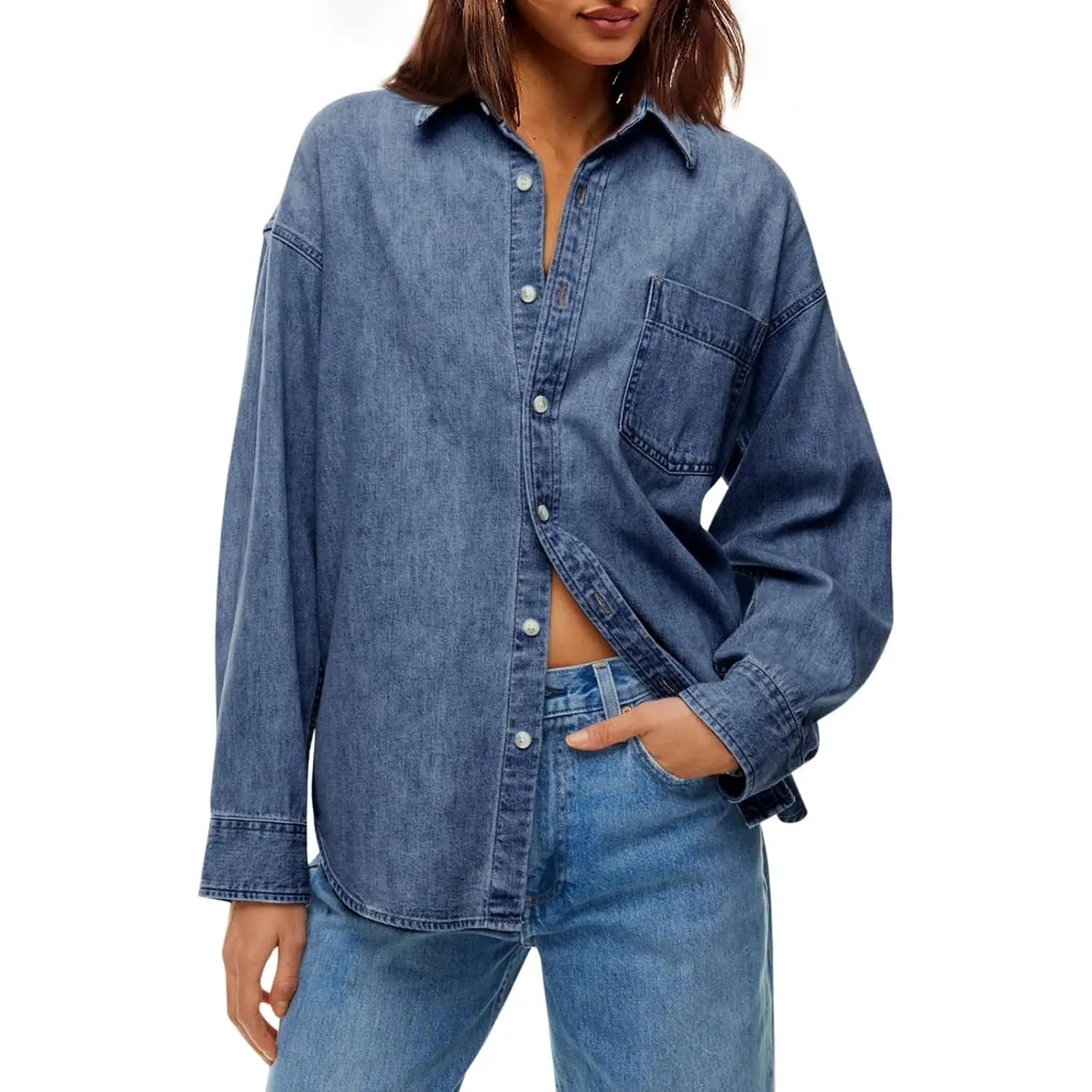 Lannew Women's Oversized Denim Shirts Jackets Button Down Curved Hem Long Sleeve Jean Tops Shackets