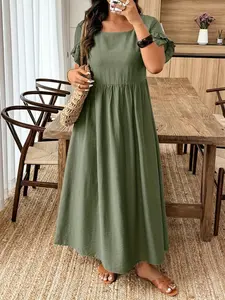 Women's Fashion Plus Size Casual Elegant Dress, Loose-Fitting Midi Dress, Short Sleeve Woven Fabric, All Seasons Wear