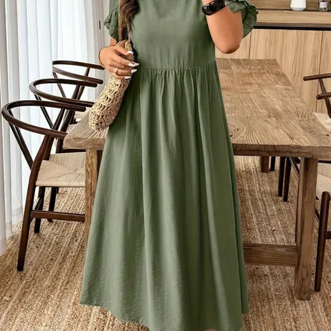 Women's Plus Size Basic Casual Elegant Dress, Loose-Fitting Short-Sleeve Midi Dress, Summer Woven Fabric, All-Season Wear Garment Elegance, Basic Casual Clothes