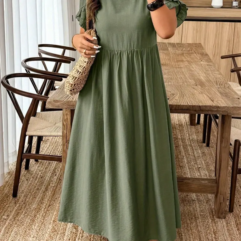 Women's Plus Size Basic Casual Elegant Dress, Loose-Fitting Short-Sleeve Midi Dress, Summer Woven Fabric, All-Season Wear Garment Elegance, Basic Casual Clothes