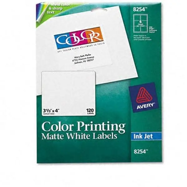 Avery 8254 Inkjet Labels - Matte White, 3-1/3 x 4 in, 120 Pack, with Free Templates for Office Label Printers