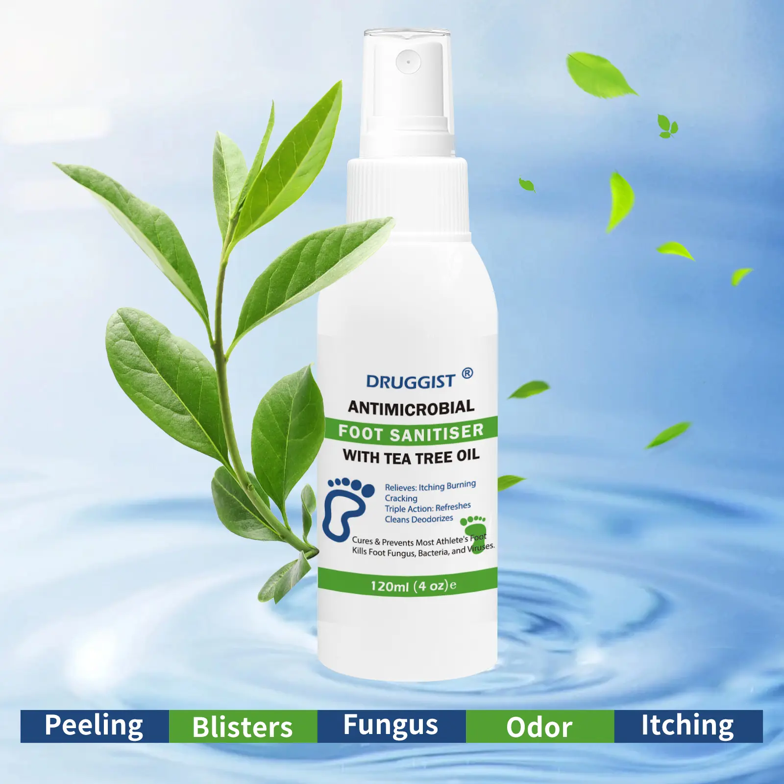 Men's Tea Tree Oil Foot Care Spray - 120ml (4oz) Cooling, Refreshing & Comforting Mist with Deodorant, Complete Protection, Moisturizing for Dry, Cracked Skin, Cures & Prevents Infections, Boosts Freshness