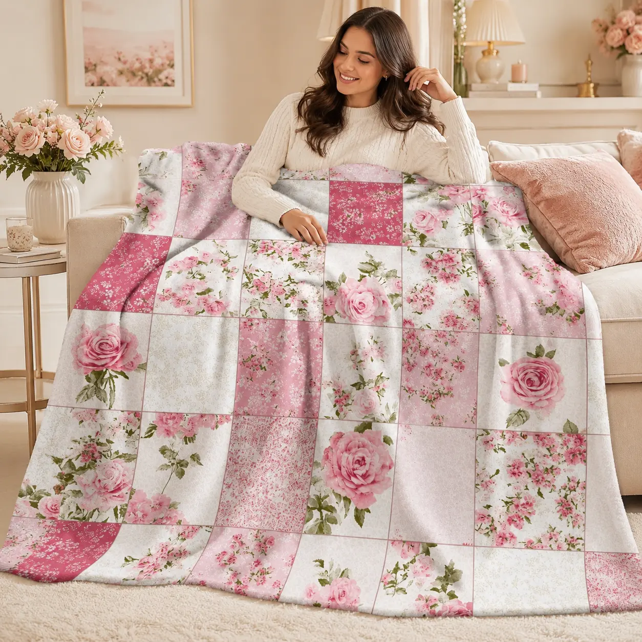Vintage Pink Rose Floral Patchwork Flannel Blanket - Soft, Cozy, Warm, Fuzzy Plush Throw, Romantic Shabby Chic Home Decor for Bedroom Sofa, Ideal Birthday Gift for Women