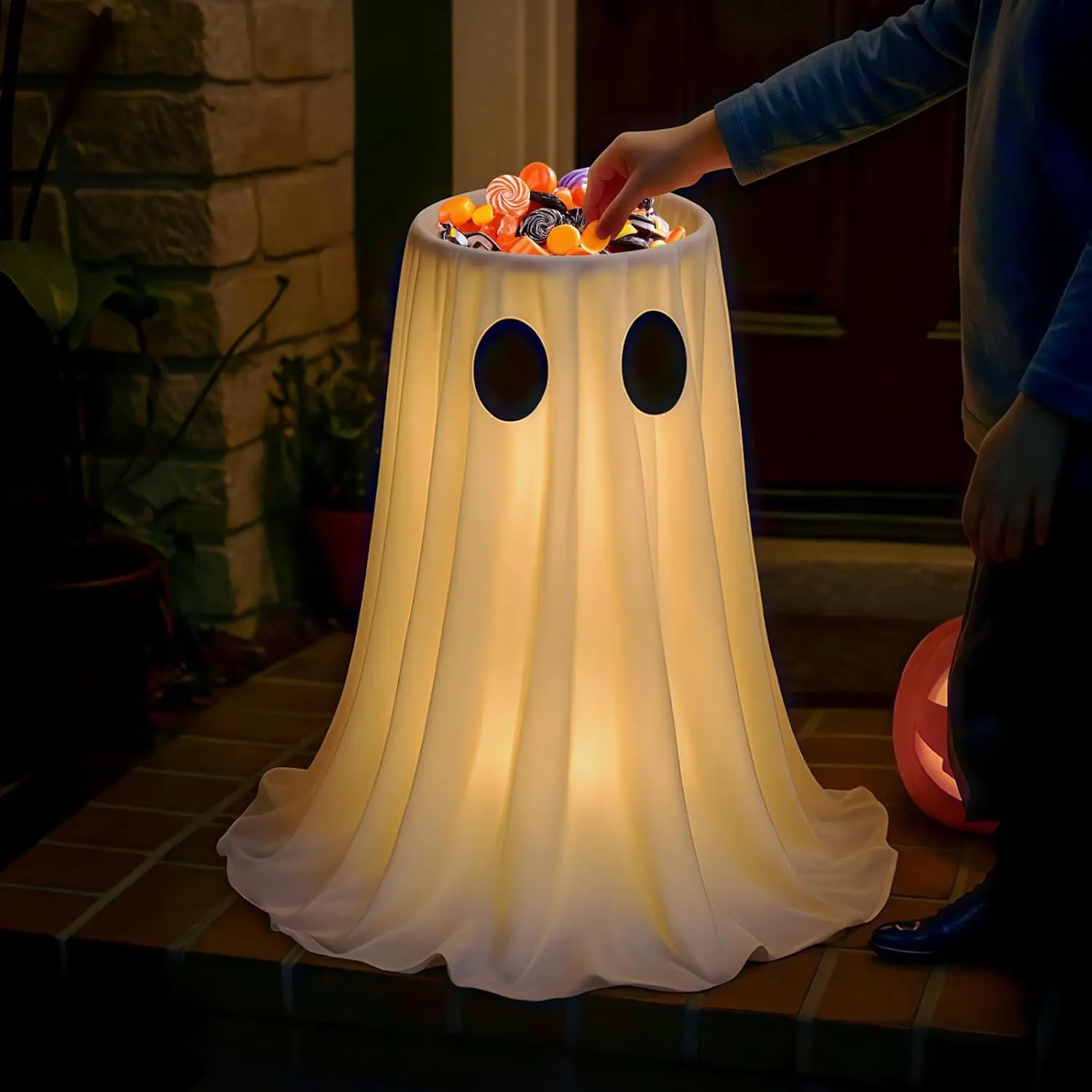 Spooky Large Bowl Halloween Ghost Candy Holder with LED Warm Light, Fabric Frame Indoor Halloween Decorations, Trick-or-Treat Front Porch Outdoor Home Yard Party Supply