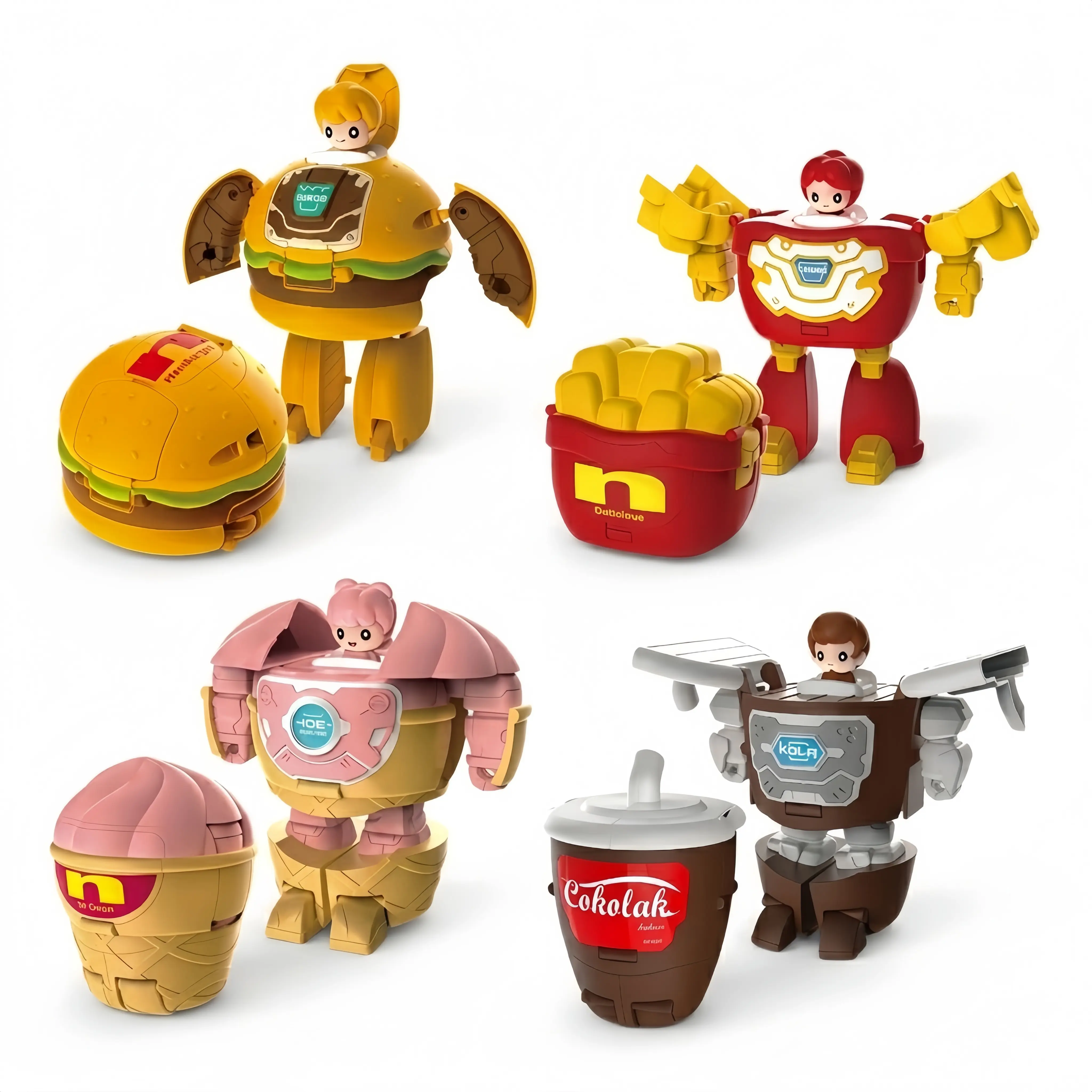 4Pcs Fast Food Transforming Robot Toys - Burger, Fries, Ice Cream, Cola Deformation Action Figures, Kids Educational Fidget Kitchen & Food Toys, Set Figures, Party Favors, Birthday Christmas Gift for Boys & Girls of All Ages 3+