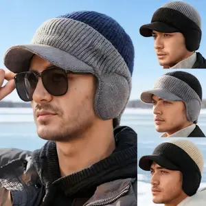 3PCS/2PCS/1PC，Men's color-blocked fleece cap, winter ear-covering warm baseball cap, outdoor cycling style, multi-piece set.