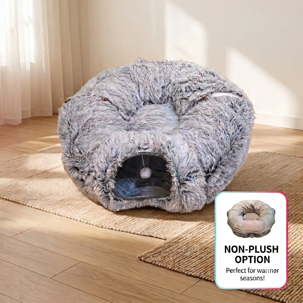 Cat Play Tunnel and Bed, Middle Cushion, Foldable Versatile Design - Soft Plush or Non-Plush Polyester Blend, 84cm Diameter, 28cm Height, Easy Storage and Transport, Relaxation & Interactive Toy for Cats