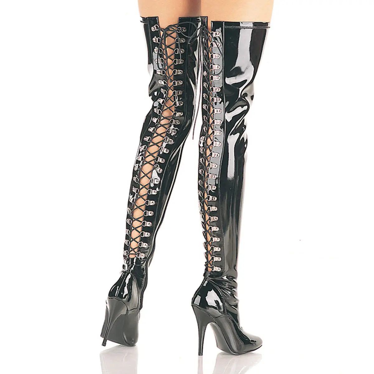 Women's 5-in D-Ring Stretch Patent Leather Thigh-High Boots - SEDUCE-3063, Black, Open Back, Side Zip Closure, Footwear, Statement Shoes, Heeled