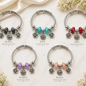 Stainless Steel 316L Bangle with Colorful Beads and Floral Rose Charms in Black Blue Red Purple Peach or White