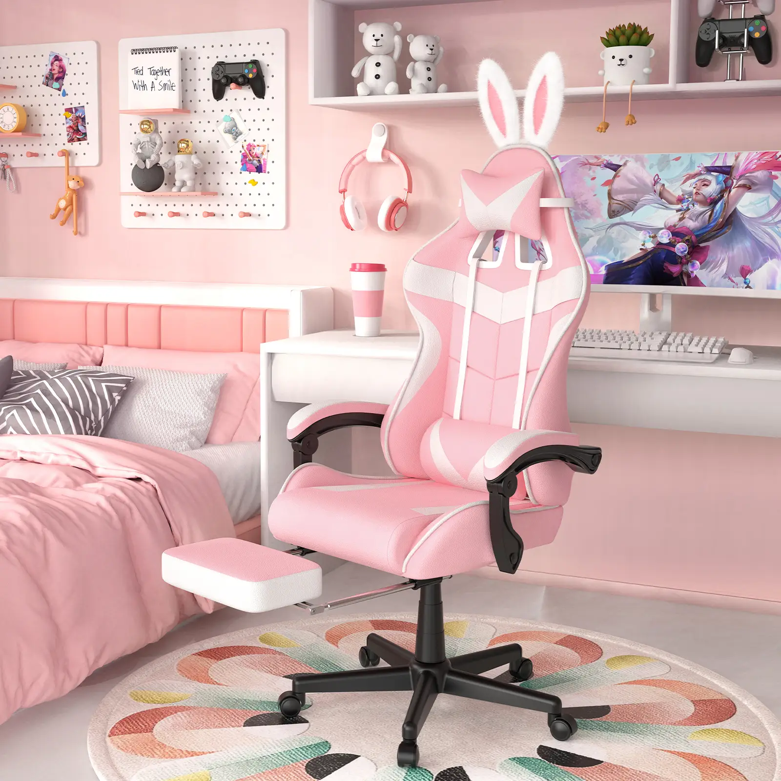[Soontrans] Macaron Color Girls Gaming Chair Cute Bedroom Furniture with Footrest Adjustable Swivel Armrest Task Chair Breathable Comfortable Healthy