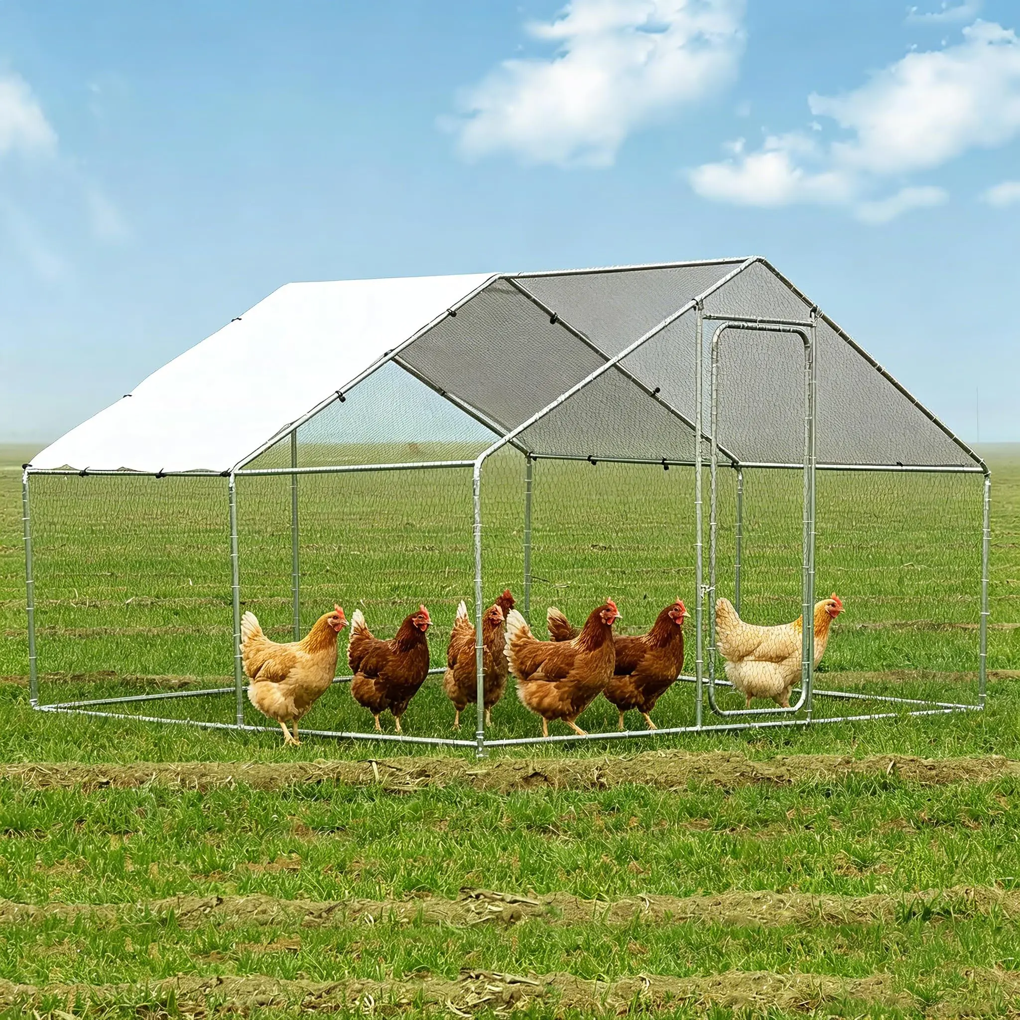 Large Metal Chicken Coop 9.84 x 9.84 x 6.56 ft (3x3x2 m) – Walk-in Chicken Run with Cover, Spire Roof Hen House, Security Lock, Predator-Proof Outdoor Poultry Pen for Backyard, Farm & Yard