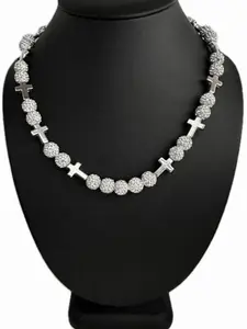 Iced Bling Disco Ball Rhinestone Crystal Bead Baseball Necklace White Ice Cross Edition
