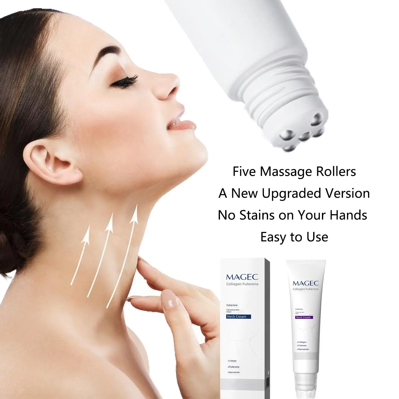 Collagen Blend Neck Firming Cream with 5 Rollers for All-Around Massage, Anti-Sagging Neck Care, Wrinkles & Double Chin Reduction, Edema Relief, Hyaluronic Acid, Vitamin C+E, Cosmetic Body Care for Wrinkled Skin Beauty Products Hydrating Neck Moisturizer