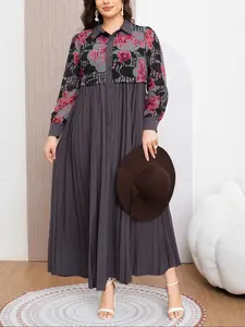 Plus Size High-End Mock Two-Piece Floral Pattern Dress, Fall Winter New Loose Fit Slimming Skirt, Casual Daily Wear, Dating, Formal Events