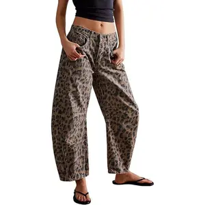 Women’s baggy barrel jeans — casual boyfriend mid-rise leopard print wide-leg denim ankle pants with pockets; women’s bottom