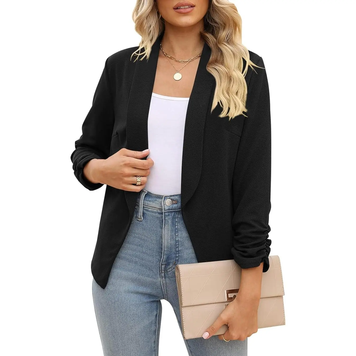 Women's Blazer Business Casual Open Front Dressy 3/4 Ruched Sleeve Work Office Suit Jackets Blazer