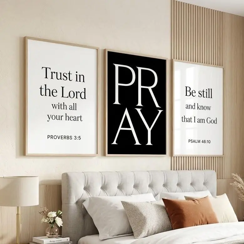 Set of 3 Black and White Christian Wall Art Prints - Bible Verse Posters, Minimalist Faith Decor for Bedrooms