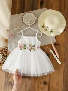 Girls' dress, delicate embroidered camisole dress for baby girls in summer, cute and sweet princess style mesh dress+embroidered straw hat two-piece set, fashionable and gentle princess style dress for baby girls, suitable for outdoor play