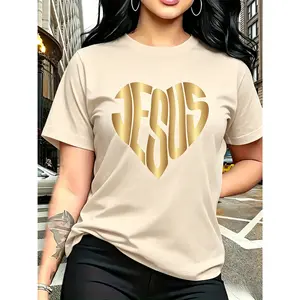 100% cotton, with a gold JESUS heart-shaped pattern print, trendy and fashionable, simple round neck, casual and versatile short-sleeve women's T-shirt suitable for leisure, travel, vacation, and other activities