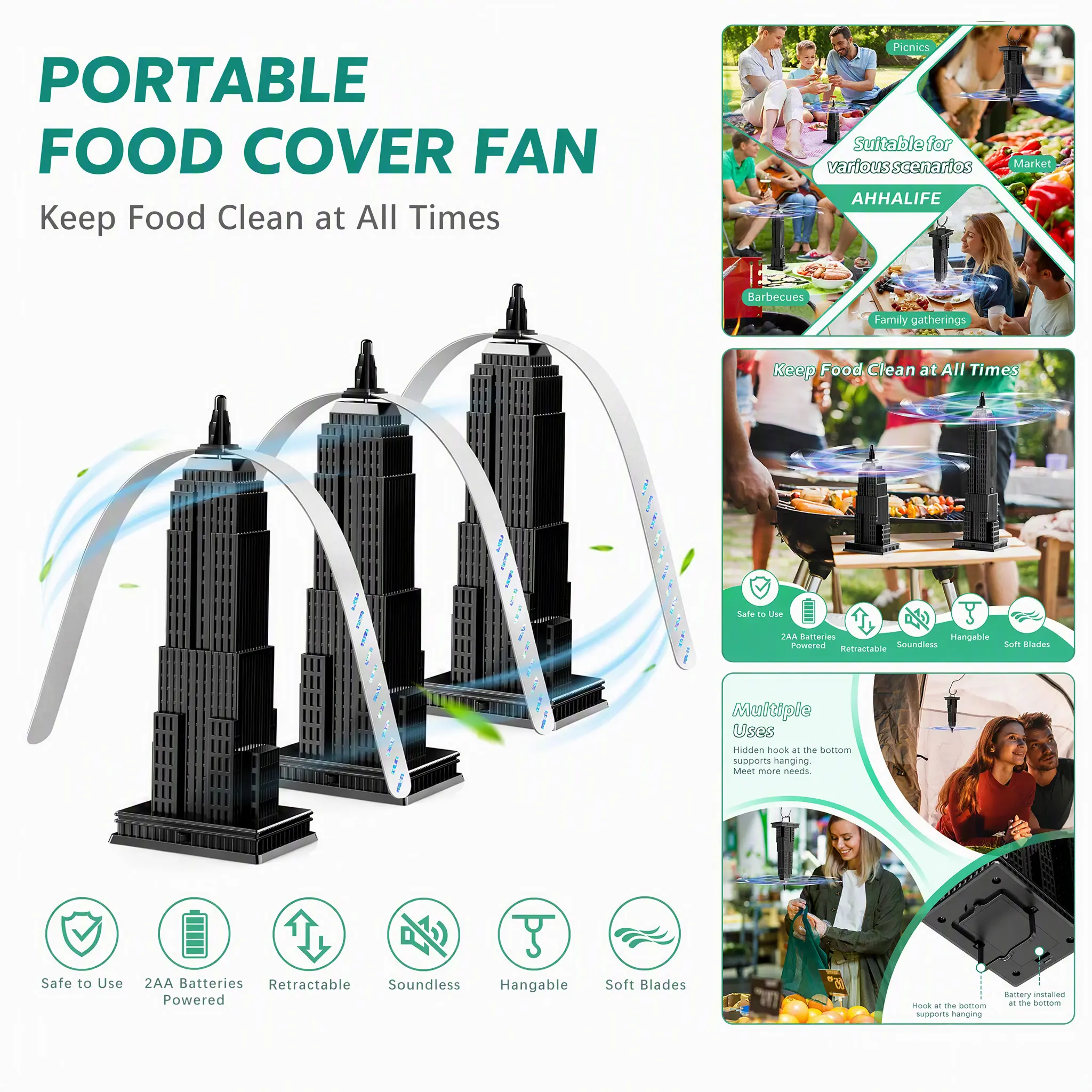 3PCS Black Telescopic Tabletop Food Fans - Fly Repellent Household Tower Fans, Home & Camping Outdoor Picnic Essentials