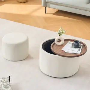 Ball & Cast Nesting Storage Ottomans of 2 Linen Upholstered Footstool w Wood Tray 22 75 Round Coffee Table Bench Beige Space Saving Multifunctional Use