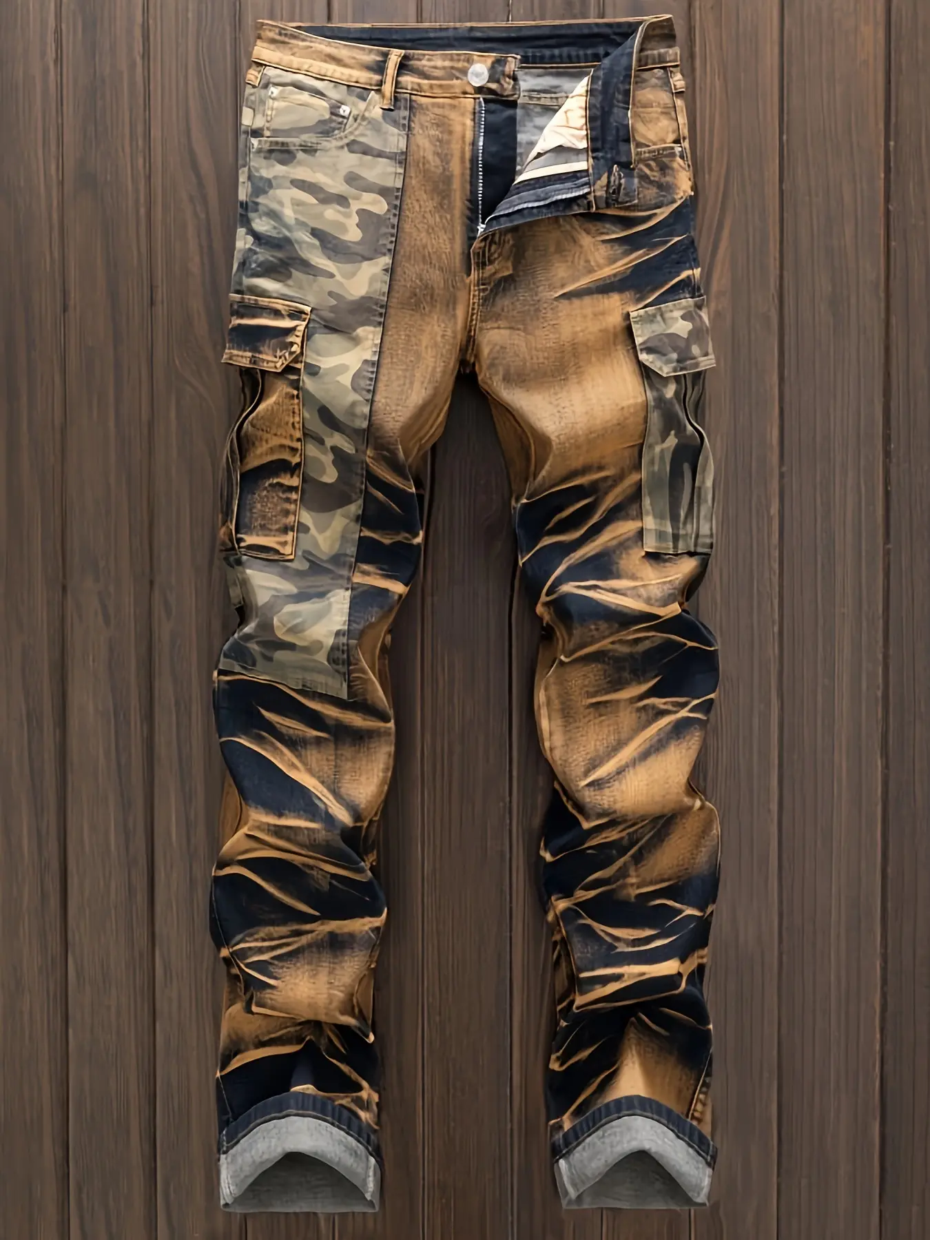 Men's Tiger Tie-Dye Stacked Cargo Jeans, Slim-Fitting Stretch Denim with Multi Pockets, Ankle-Length Hip Hop Streetwear Pants, Below Ankle, Ankle-Length Men's Jeans
