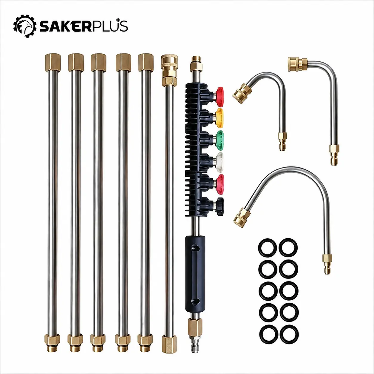 Sakerplus Pressure Washer Extension Wand Set - 10-Pack Power Washer Lance, 5 Spray Nozzle Tips, Gutter Cleaner Curved Rod, 1/4" Quick Connect, 4000 PSI Stainless Steel & Brass Components