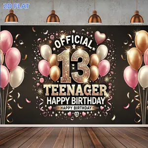 1pc 2D Flat Banner, 1 Shiny Pink Golden 13th Happy Birthday BannerDurable, Reusable Teen Party Decor with "Official Teen" Design, Includes Balloons and Stars, for Home, Yard, Studio Props & Holiday Celebrations, Sty