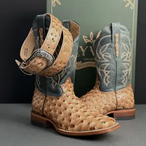 REYWELT Mens 070 Ave Orix Blue Jean Ave Western Rodeo Boots & Belt Combo Cowhide Leather Square Toe Design Authentic Mexican Made