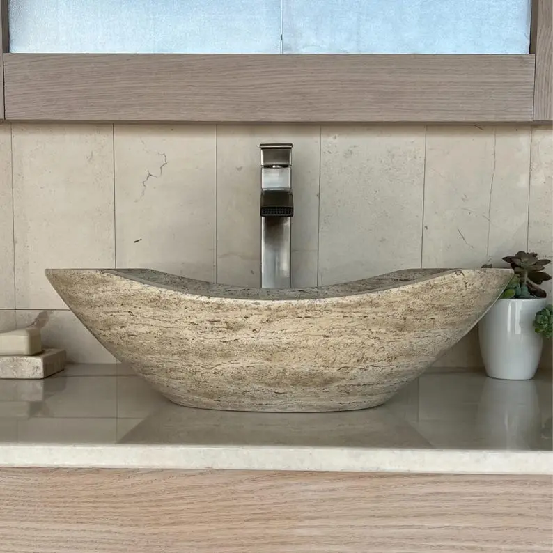 Oval Travertine Vessel Sink - Modern Polished Canoe Shape Bathroom Sink with Hand-Carved Marble, Real Stone Basin & Free Soap Tray