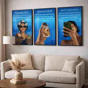 Set of 3 Modern Black Girl Bible Verse Art, Blue Aesthetic Christian Wall Decor, Faith Inspired Stylish Home Prints
