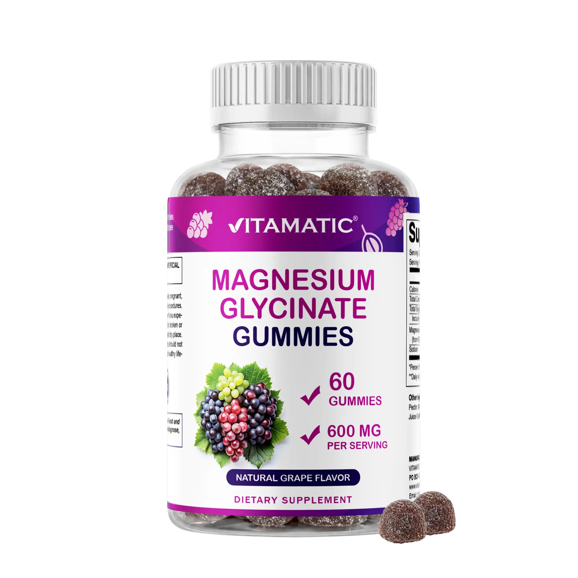 Vitamatic Magnesium Glycinate Chewable Jelly Gummies, 600 mg Daily Magnesium Supplement per Serving, 60 Ct, Natural Grape Flavor, Dietary, Non-GMO, Gluten-Free Mineral Vitamin Supplement, Chewable Supplement