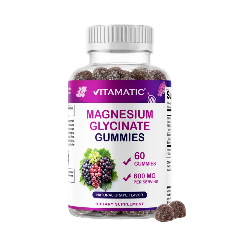 Vitamatic Magnesium Glycinate Chewable Gummies - 600 mg per Serving, 60 Pieces (60 Gummies per Bottle), Sugar Free, Natural Grape Flavor for Adults