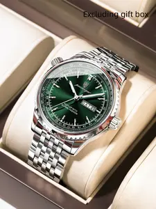 POEDAGAR Men's Luxury Round Dial Analog Watch Stainless Steel Wristwatch Date & Weekday Quartz Watch Waterproof Night-Light Military-Quality Men's Watch