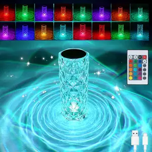 Crystal Table Lamp (Touch & Remote), 4 Modes 16 Color Changing Night Light, Rechargeable, Dimmable, RGB Rose Diamond Ambient Mood Lighting, Protable Cordless Desk Lamp for Bedroom Living Room Party