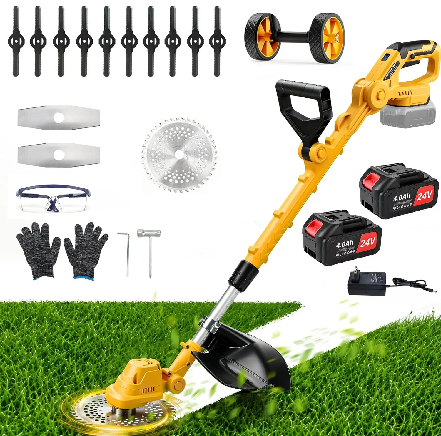 12" Electric Weed Wacker Battery Powered 6000mAh, 800W Brushless Weed Eater with Wheels, 4-in-1 Brush Cutter/String Trimmer/Grass Trimmer/Edger Tool,Stringless Weed Trimmer Metal Blade,2 Battery